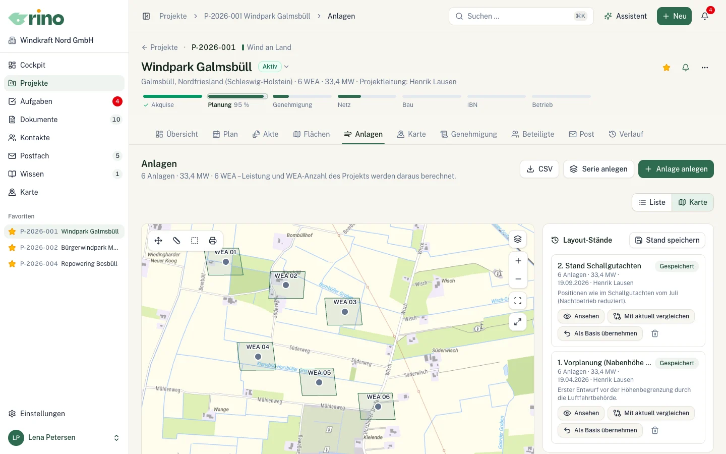 Anlagen auf der Karte mit Liste der Layout-Stände zum Ansehen, Vergleichen und Übernehmen