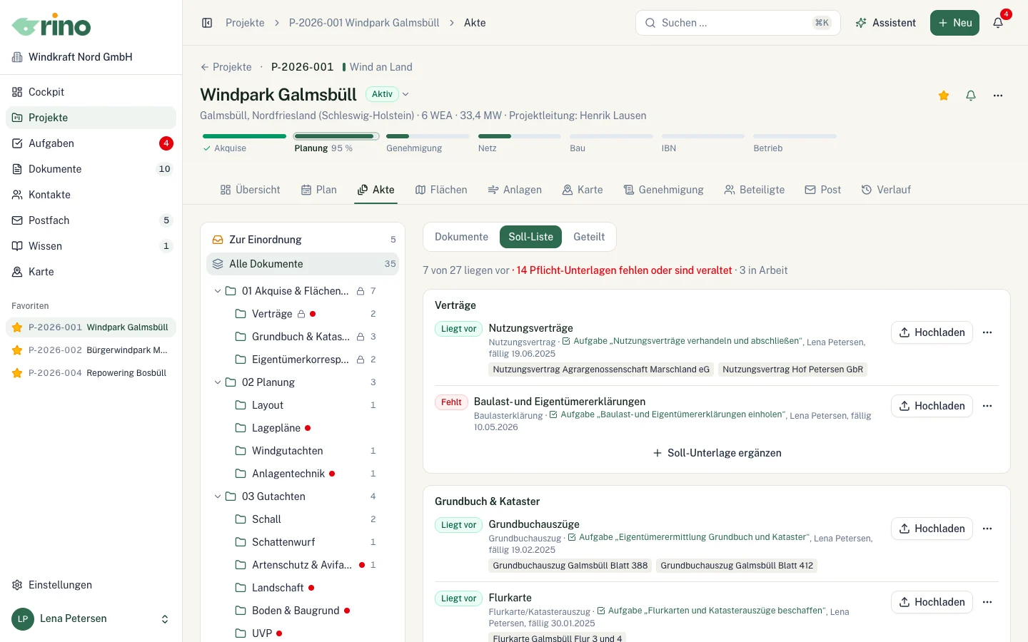 Projektakte mit Ordnerbaum und Soll-Liste, Status je erwarteter Unterlage