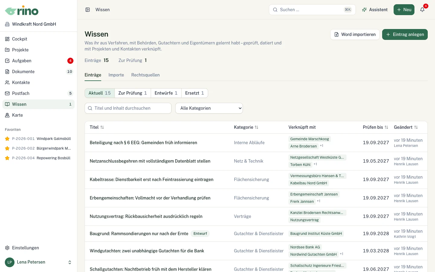 Wissensdatenbank mit Einträgen, Kategorien, Verknüpfungen und Prüfdatum