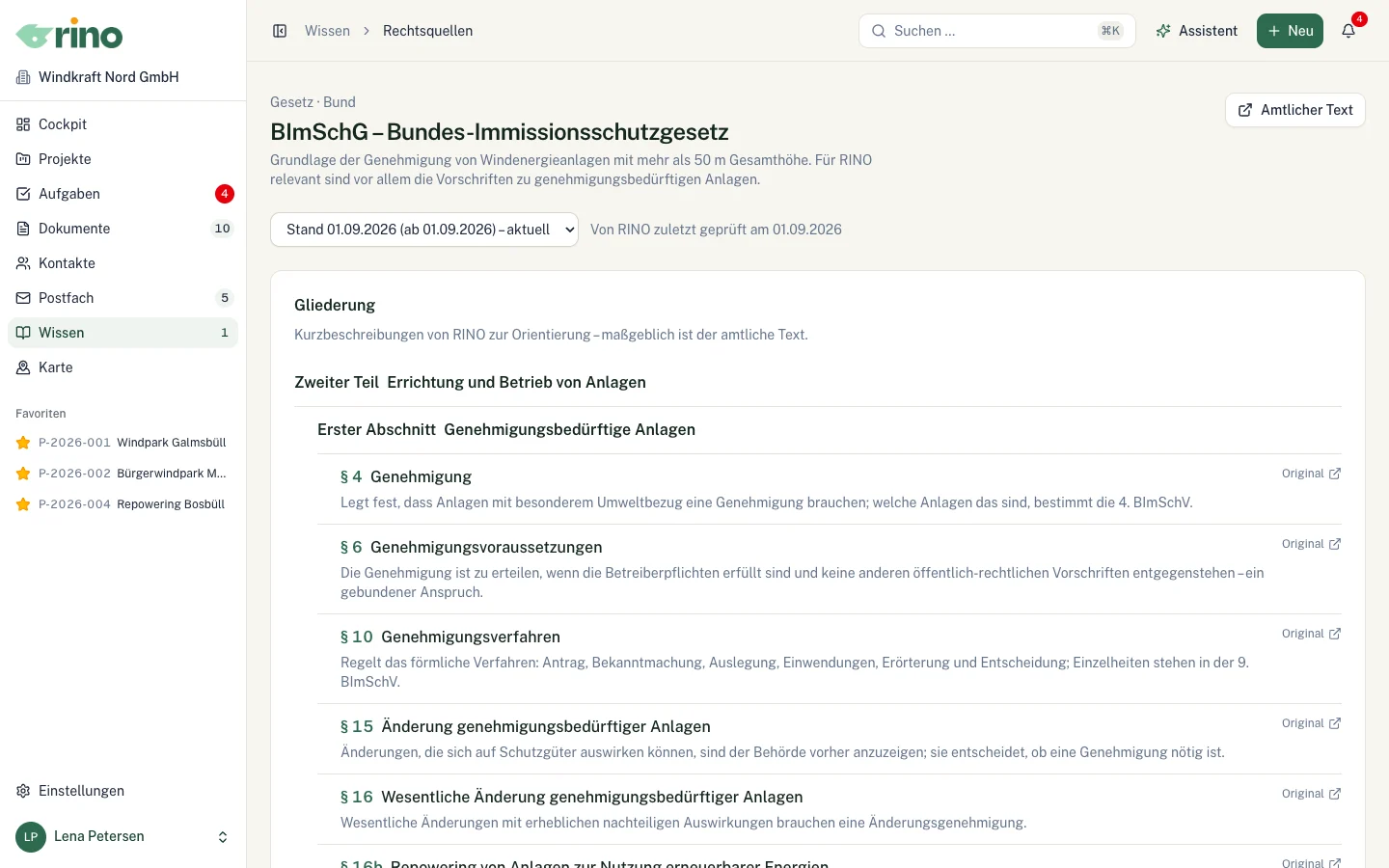 Rechtsquelle BImSchG mit Fassung und Gliederung der Paragraphen samt Kurzbeschreibungen