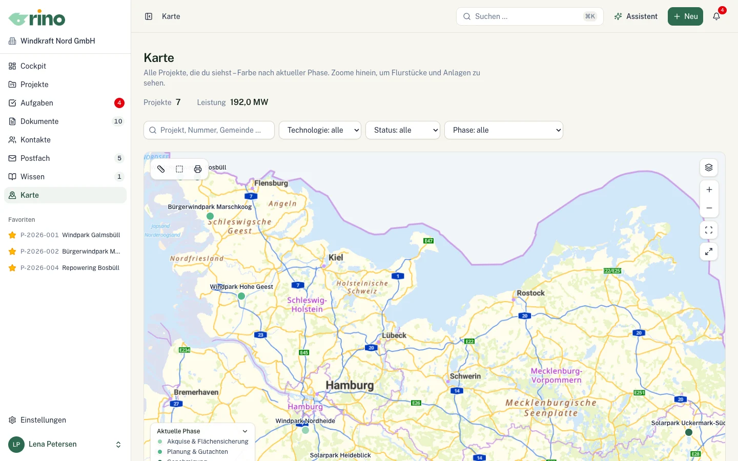 Karte aller Projekte in Norddeutschland, farbig nach aktueller Phase