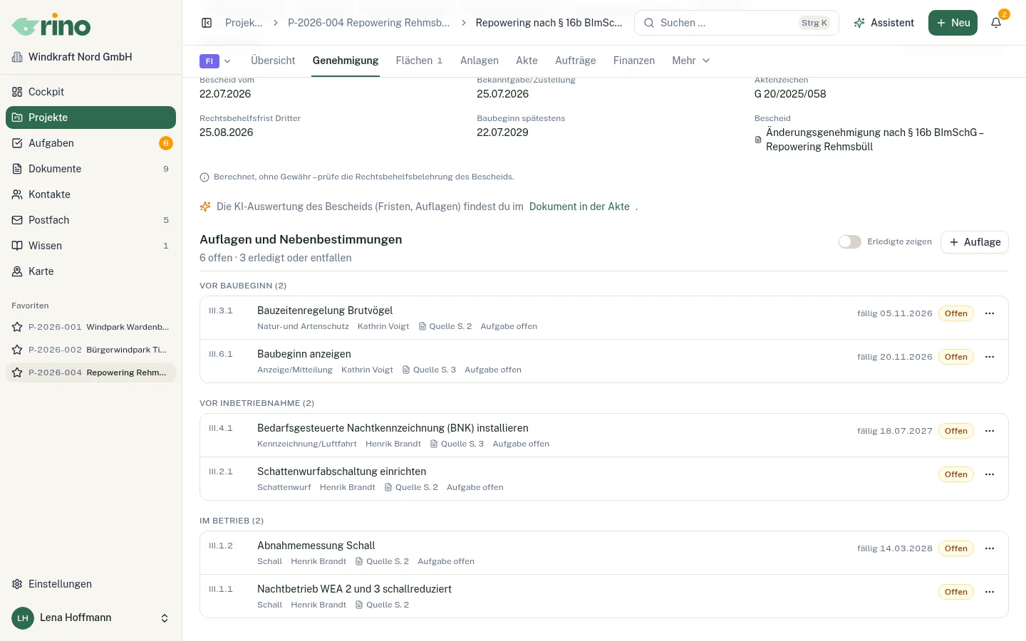 Auflagen und Nebenbestimmungen eines Bescheids nach Zeitpunkt, mit Frist, Zuständigen und Quelle mit Seitenangabe