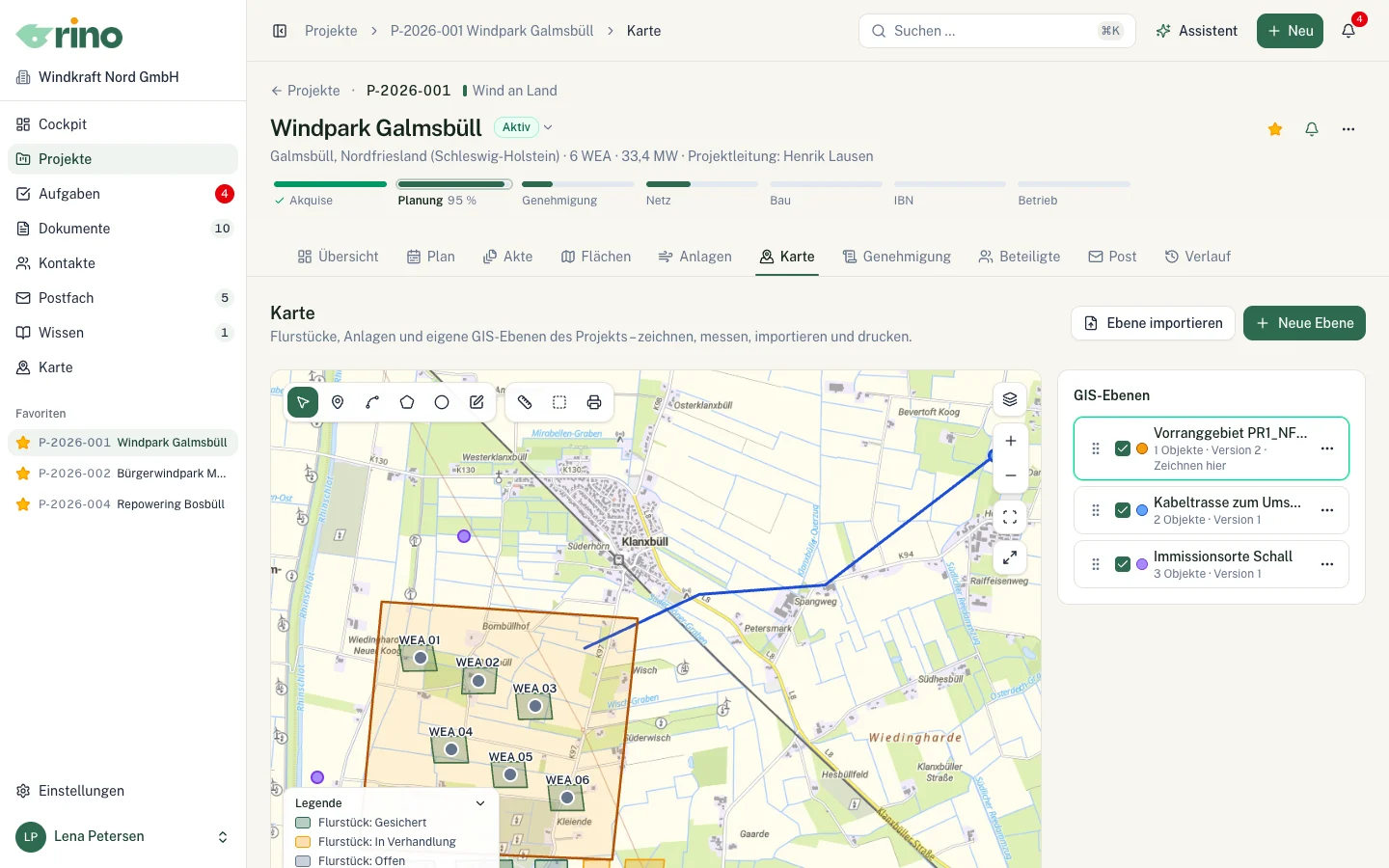 Projektkarte mit Flurstücken nach Sicherungsstatus, Anlagen und GIS-Ebenen wie Vorranggebiet, Kabeltrasse und Immissionsorten